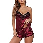 LUHUADUO Women Pajamas Set Satin Lace Trim Sleepwear Camisole Lingerie 2 Piece Pjs XS-XL