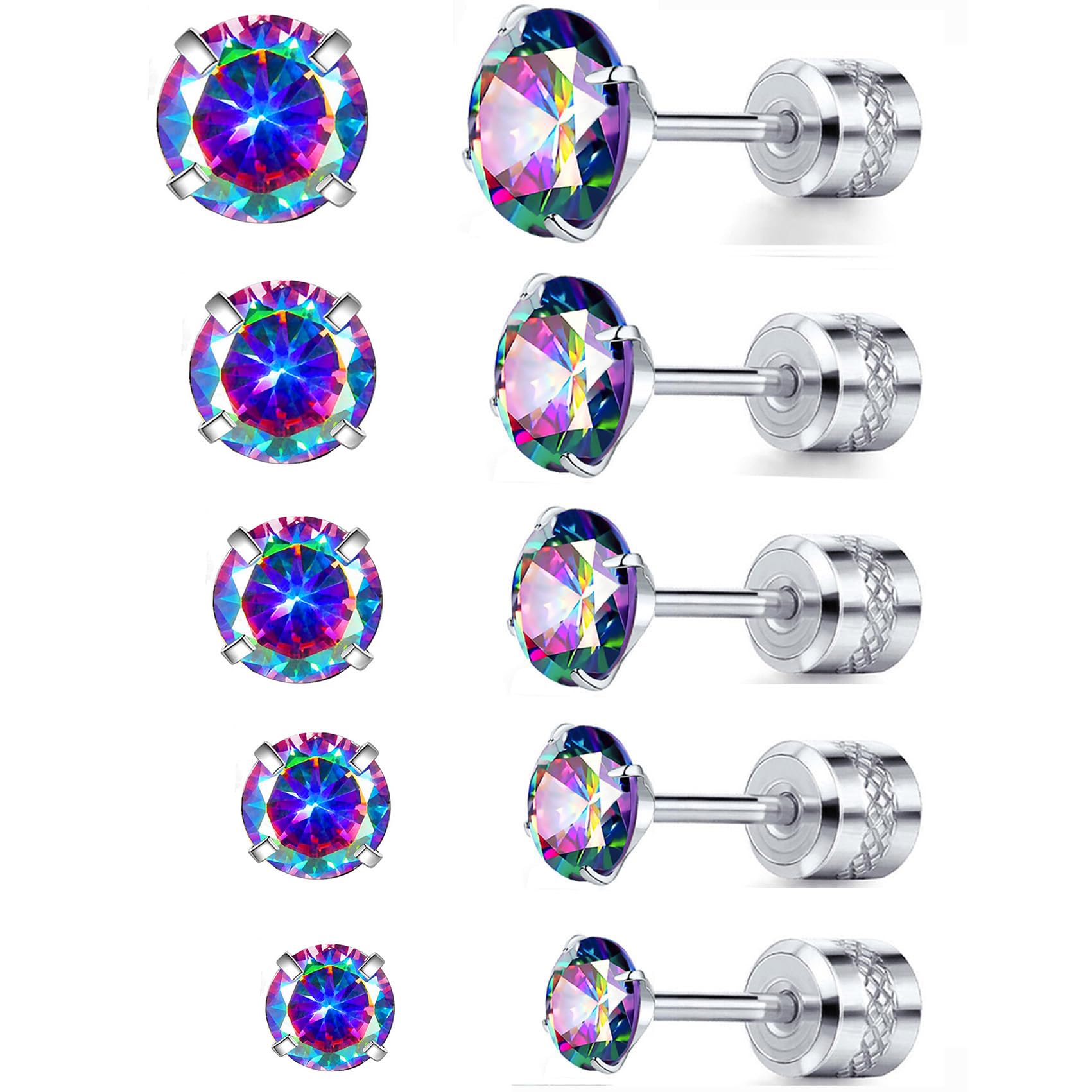 5 Pairs 316L Stainless Steel Screw Flat Back Earrings 2-6mm Cubic Zirconia Stud Earrings Titanium Earring for Women Men (Rainbow-White)