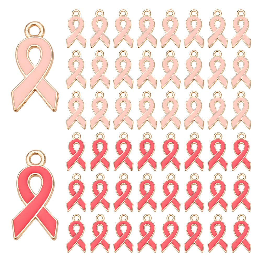 HOBBIESAY 60Pcs 2 Colors Alloy Enamel Pendant Decoration Pink Ribbon Shape Hangings Breast Cancer Awareness Charms Connector for Earrings Necklace DIY Making Jewelry Accessories