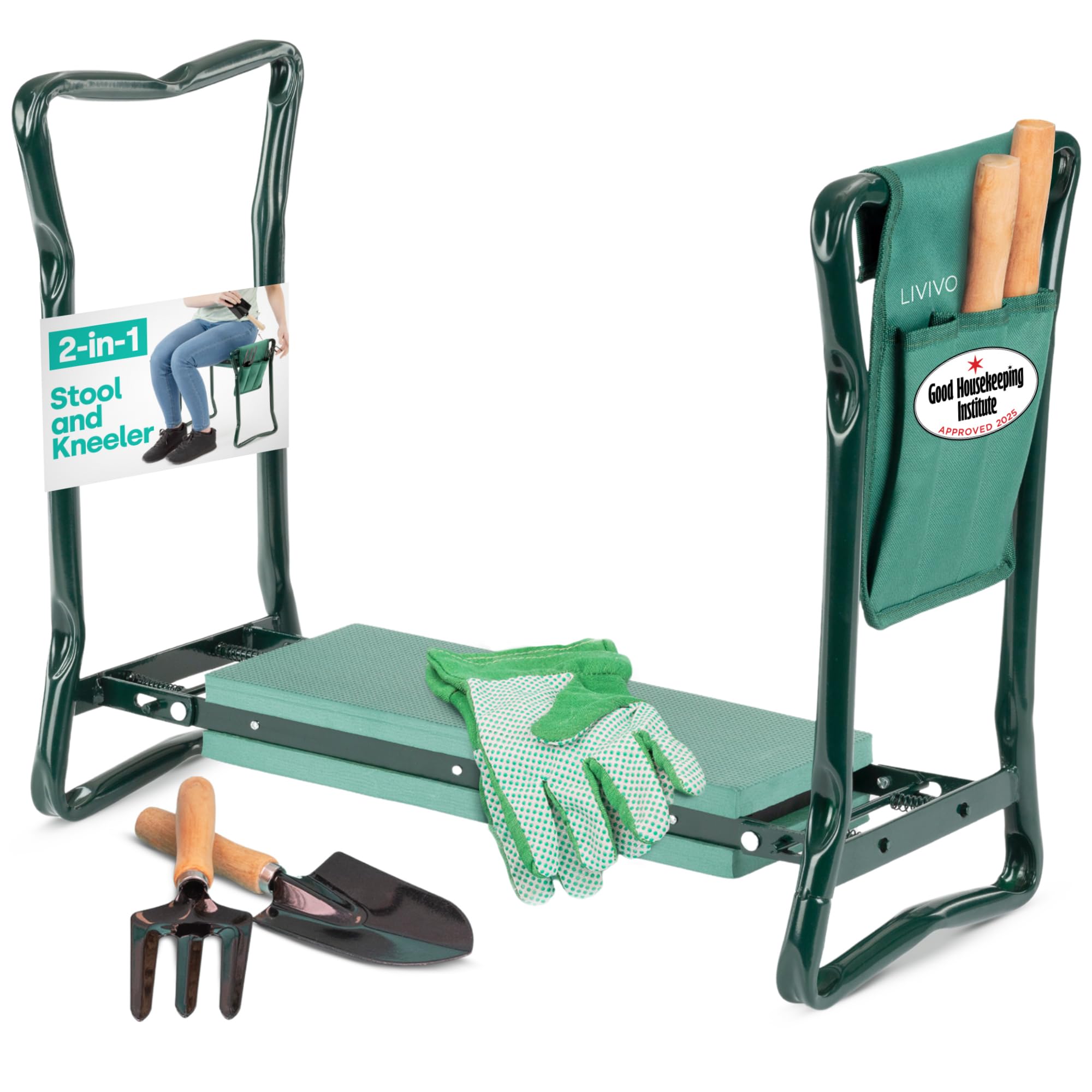 LIVIVO 2-in1 Garden Kneeler Seat with Handles & Tool Bag - Heavy‑Duty Foldable Gardening Kneeling Pad and Kneeling Stool - Gardening Seats for Seniors and Elderly - Gardening Gifts for Women and Men