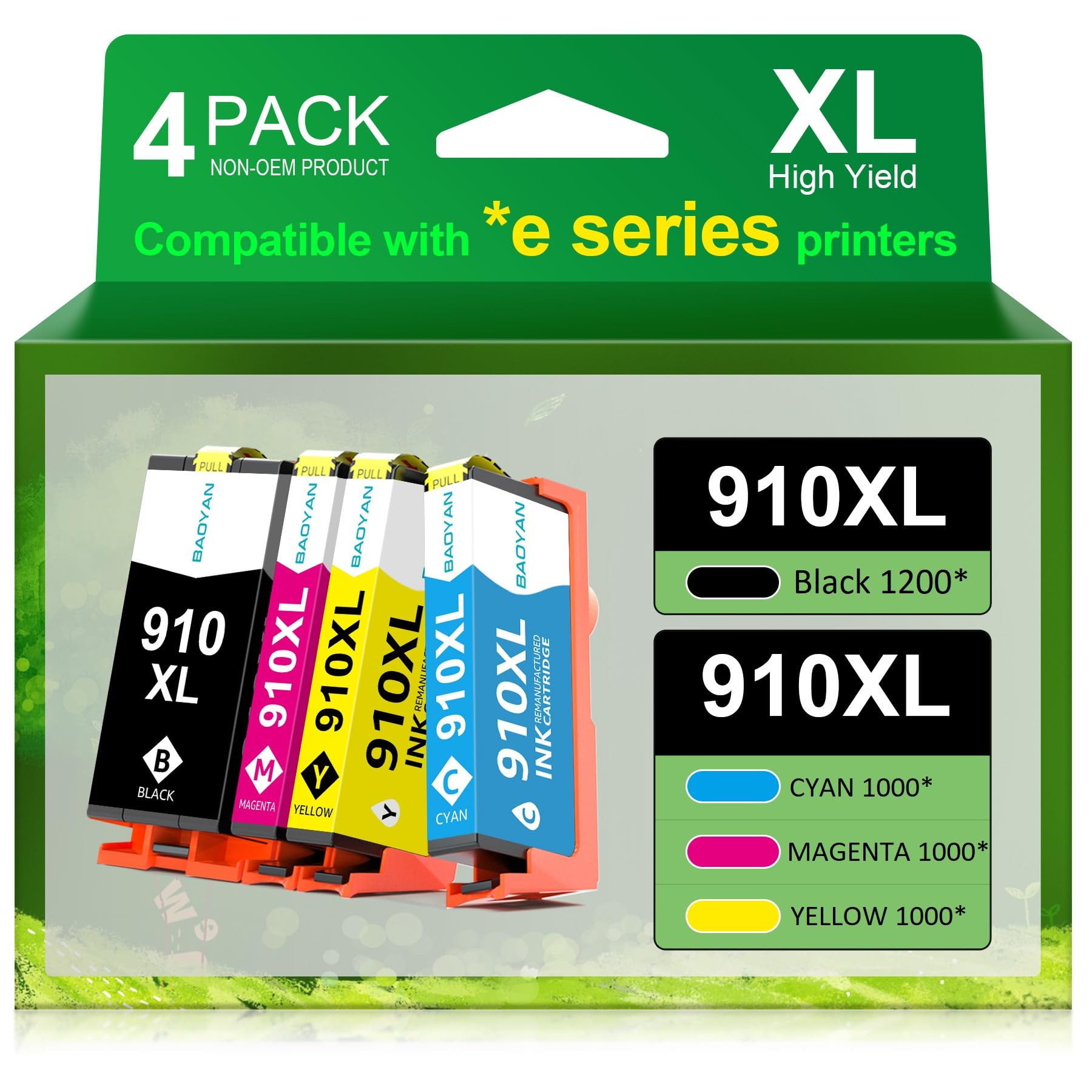 Photo 1 of BAOYAN 910XL Ink Cartridges Replacement for HP 910xl Ink Cartridges Combo Pack with OfficeJet Pro 8025e 8015e 8028e 8035e 8025 8035 8020 Printer (Black, Cyan, Magenta, Yellow)