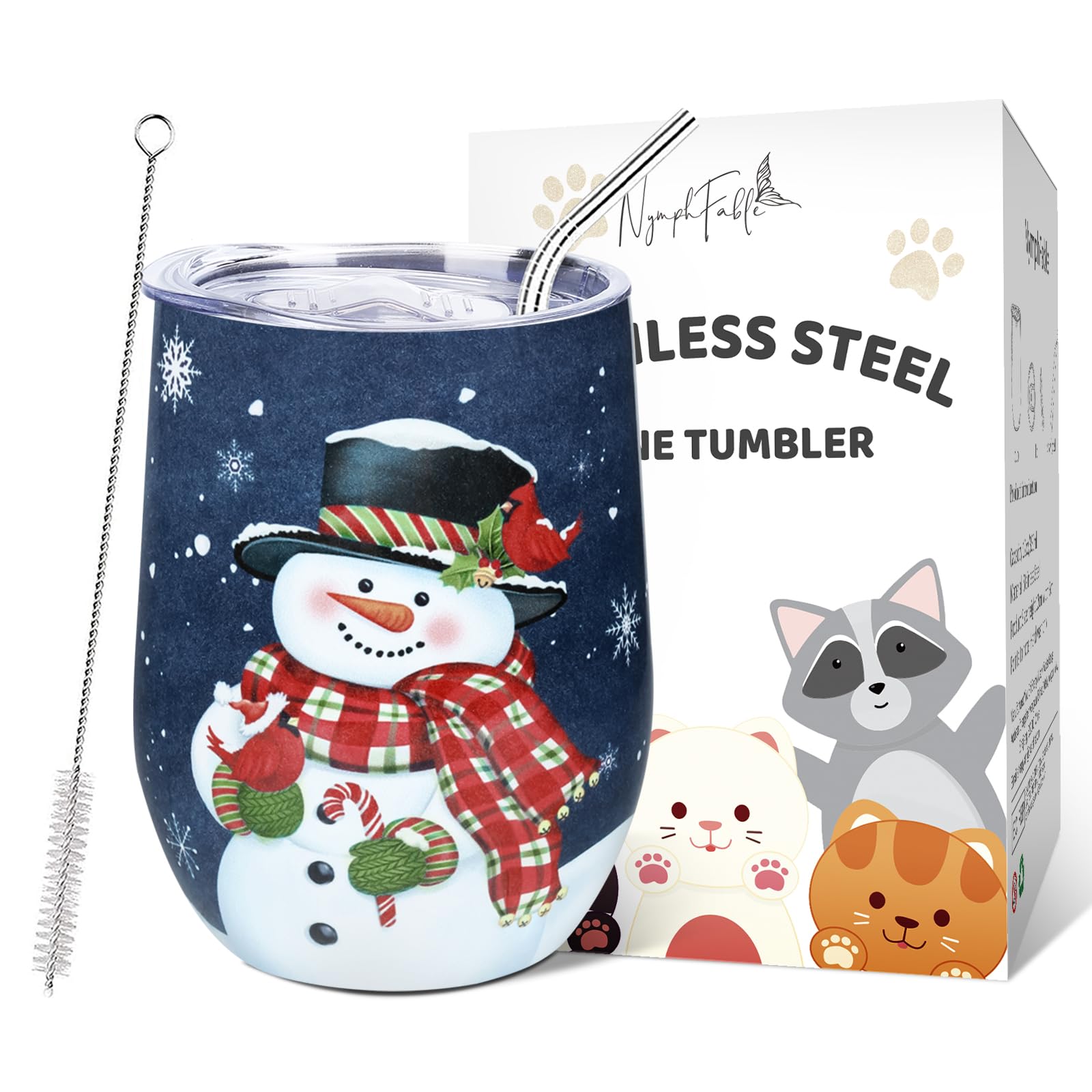 NymphFable 12oz Snowman and Penguin Insulated Wine Tumbler with Lid and Straw Stainless Steel, Wine Glass Coffee Mug