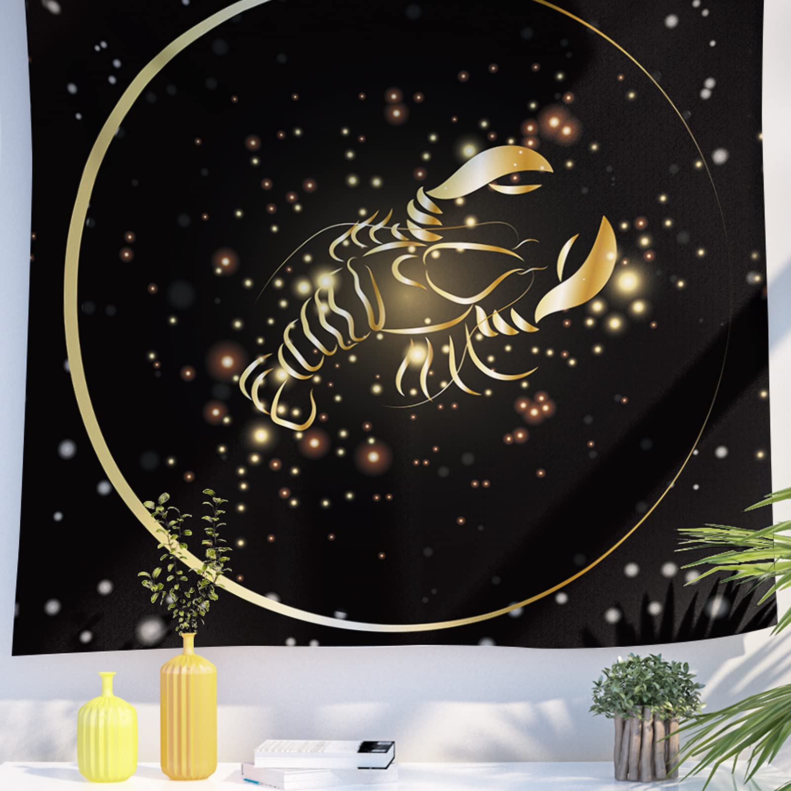 Berkin Arts Decor Tapestry with Gold Constellations Zodiac Signs Symbols Icons Wall Hanging Aesthetic Backdrop Cancer Decorative Trippy for Living Room 59.1 x 78.7 Inch