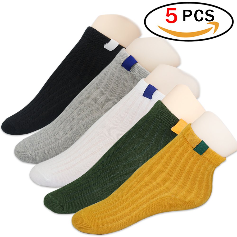 Kids Boys and Girls Athletic Crew Cotton Socks for Toddlers Preschool Non Skid Sports Ankle Seamless Sock 5 pairs