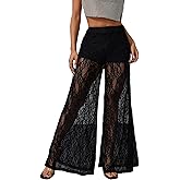 OYOANGLE Women's Lace Sheer Elastic Waist Wide Leg Pants See Through Long Trousers Party Clubwear