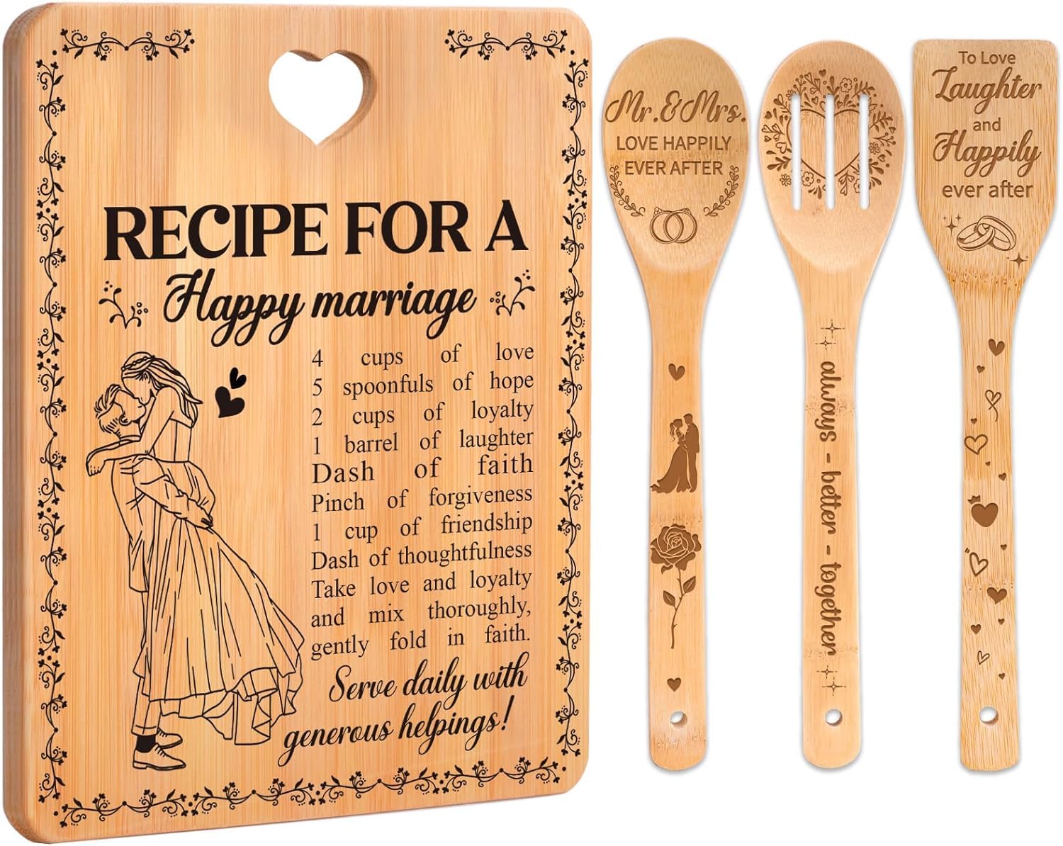 Wedding Gifts for Couple, Engagement Gifts for Couples, Wedding Gifts for Bride and Groom, Bride & Groom - Happy Marriage Cutting Board Set, Mr and Mrs Gift, Bride to Be Gifts, Engagement Presents