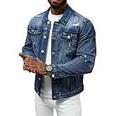 Huang's Men's Denim Jacket with Distressed Ripped Details Classic Fit Non - Stretch Fabric Cool Stylish Caual Coat