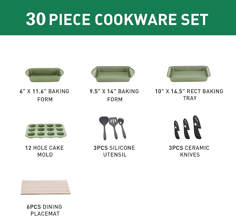 Set di 30 Pezzi Pentole e Padelle Antiaderenti Verde