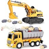 Construction Toys for 3-5 Year Old Toddler Boy, Excavator &amp; Dump Truck Set | Birthday Toy Gift for Kids, Movable Excavator with Working Bucket, Dump Truck with Dumping Bed, Light &amp; Sound, 20 Play Rocks