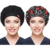 ABAMERICA 2 Pack Bouffant Caps with Button and Sweatband, Adjustable Scrub Caps for Women Men, One Size Multi Color