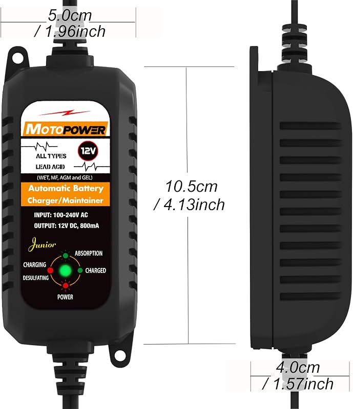 MP00205A 12V 800mA completamente automatico caricabatterie/manutentore per auto, moto, ATV, camper, Powersports, barca e altro ancora. Intelligente, compatto ed ecologico