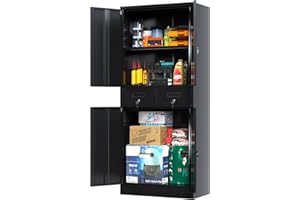LOCENHU Garage Storage Cabinet with Locking Doors,Tool Storage Cabinet with 2 Drawer and Adjustable Shelves-71 H Storage Cabinet for Garage, Warehouse,Home,Office,School(Black)