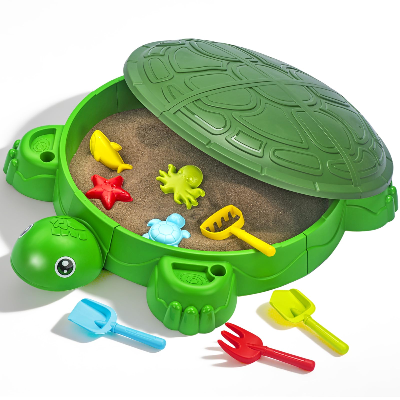 Turtle Sandbox with Lid & Beach Toys Set, 38" Kids Sandbox for Toddlers 3-8, Indoor Outdoor Sensory Play Sand Box with Cover, Summer Gift for Ages 3-8