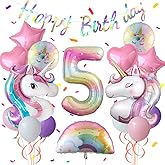 Unicorn 5th Birthday Party Decorations for Girl Purple Pink Theme Balloon Set, Large Rainbow Unicorn Helium Balloons with Heart and Star Baby Shower Kids Supplies (number 5 set)