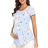 Glampunch Women's Maternity Tops Short & 3/4 Sleeve Round Neck Front Pleat Peplum Tunic Top Pregnancy Shirts