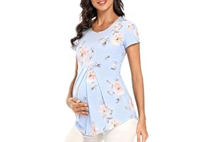 Glampunch Women's Maternity Tops Short&3/4 Sleeve Round Neck Front Pleat Peplum Tunic Top Pregnancy Shirts