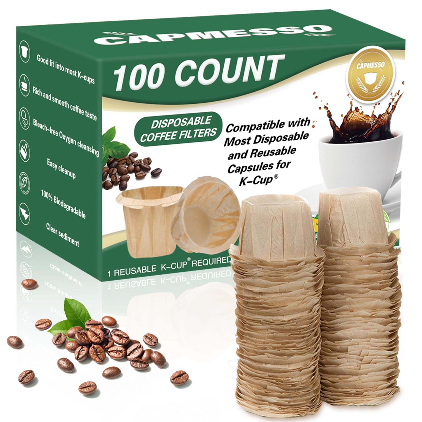 Photo 1 of CAPMESSO Disposable Coffee Paper Filters, 100 Count Keurg Cup Coffee Filters Compatible with Keurg Brewers Reusable Single Serve 1.0 and 2.0 Coffee Maker (100 Count, Unbleached)