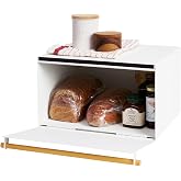 YAMAZAKI Home Modern Bread Box &ndash; Steel + Wood Countertop Bread Storage Container, Large White Bread Box for Kitchen Countertop, Space-Saving Bread Keeper, Easy Access Lid