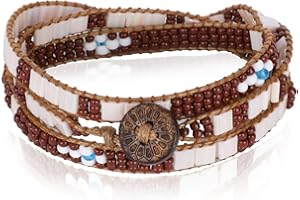 Miss Rabbit Boho Layered Leather Handmade Bracelet, Natural Stone Beaded 5 Wrap Bracelets for Women Blue Turquoise Beads Bohemian Bracelet Jewelry