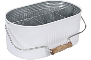 Alpha Living Home Rustic Galvanized Silverware Caddy – 4-Compartment Farmhouse Utensil Organizer with Removable Wooden Handle