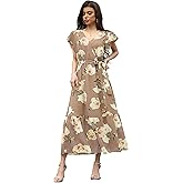 VintageClothing Womens Sundress Casual Floral Summer Boho Dress Flowy Wrap V Neck Ruffle A-Line Pleated Hem Midi Dresses