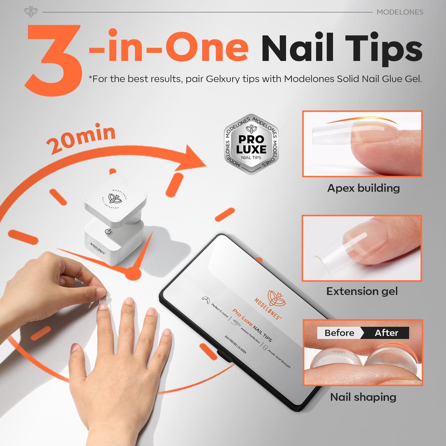 modelones Pro Luxe Instant Apex Nail Tips 15 Sizes, Medium Square Tips Gel Pre-building & Pre-etched Thicker Strength Acrylic Fake Nails Full Cover 240 Pcs - Image 3