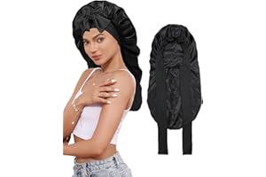 CHLINS Long Bonnet Satin Bonnet for Sleeping Women Double Layer Hair Bonnet Braid Bonnet with Stretchy Tie Band(Black)