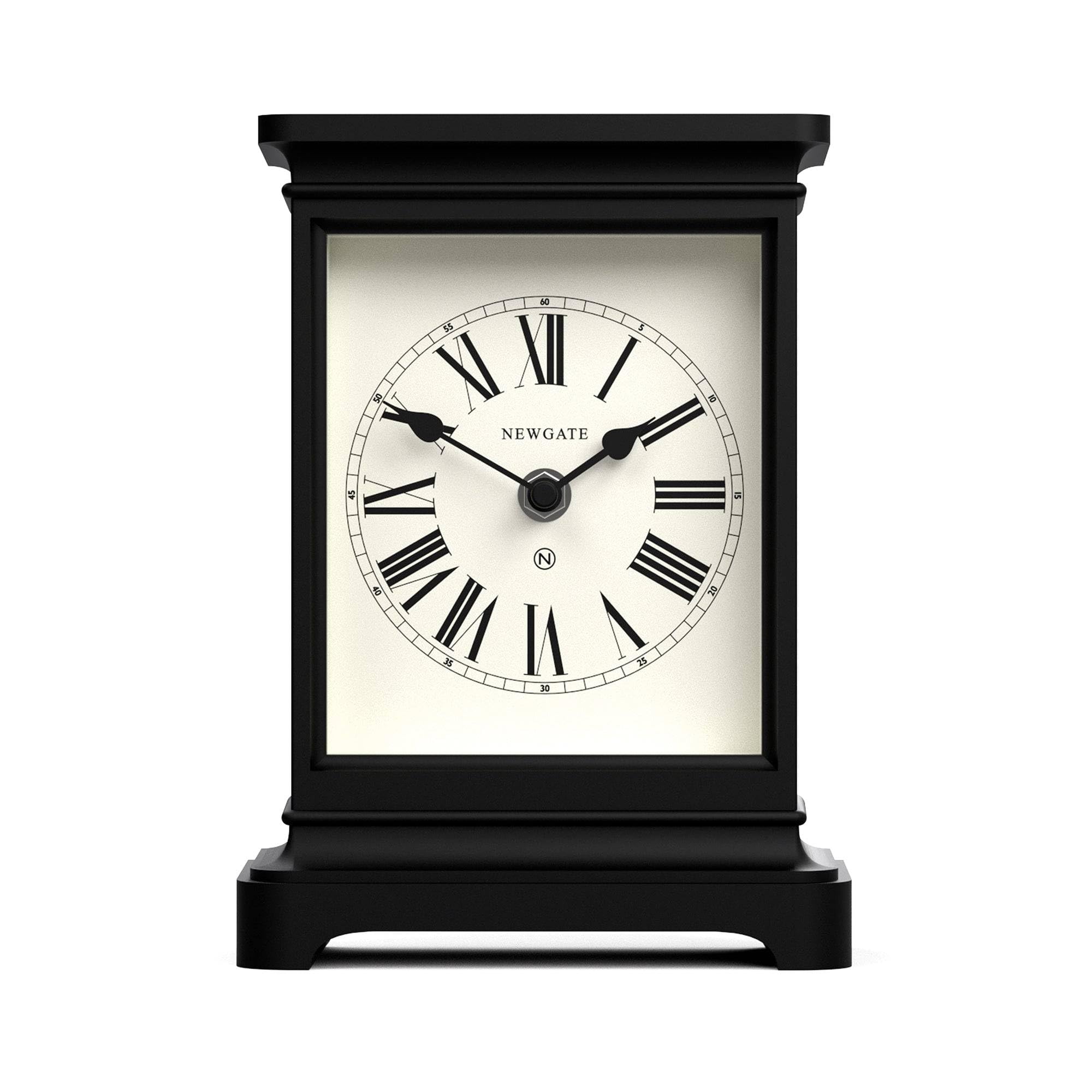 NEWGATE® Time Lord mantel clock | Classic carriage clock design | Black | Roman numerals | Contemporary classic style for desk, table top, shelf or bedside