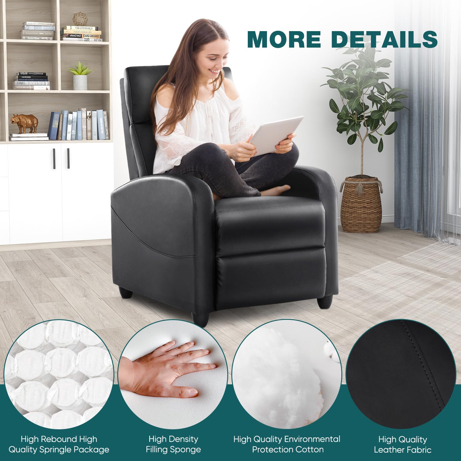 Silla reclinable para sala de estar, sillones reclinables de cuero, asientos de cine en casa con soporte lumbar con respaldo y reposapiés ajustables, muebles modernos de sala de estar con respaldo acolchado, negro