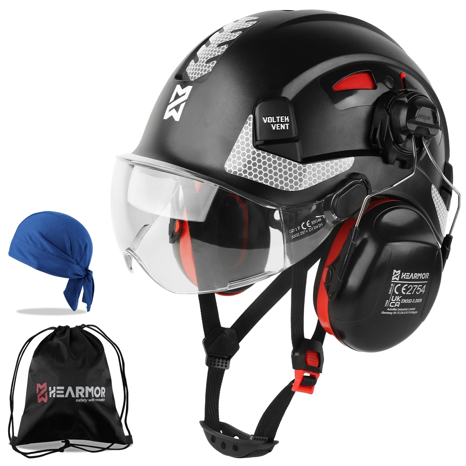 HEARMOR ANSI Z89.1 & EN397 Certified Safety Helmet/Hard Hat with Ear Protection – Lightweight Vented Work Helmet Kit, 6-Point Suspension System – Ideal for Industrial & Construction Professionals