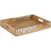 Coffee Table Tray (Natural Finish) - “Flourish” - Wood Serving Tray w/Handles for Breakfast in Bed - Mango Wood Decorative Tray w/Felt Pads - Medium Wood Tray - 16” x 12” x 2.5”