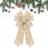 Estivaux Large Christmas Bows for Wreath, Merry Christmas Wreath Bows Glitter Golden Burlap Bow Winter Holiday Snowflake Craft Ribbon Bow Xmas Tree Bows for Front Door Christmas New Year Decorations