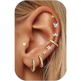 Dochais 14K Gold Plated Surgical Steel Earrings 9 Pairs Flat Back Earrings Small Cartilage Hoop Earring for Women Trendy Hypoallergenic Flatback Stud Stacks for Multiple Piercing Lightweight Jewelry