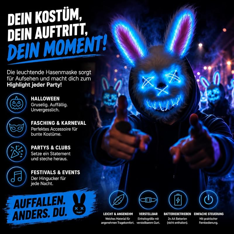Horror Hase LED Grusel Maske - wie aus Purge steuerbar, Gesicht leuchtend, für Halloween, Fasching & Karneval als Kostüm für Herren & Damen (LED Horror Hase) — Foto 7 von 7