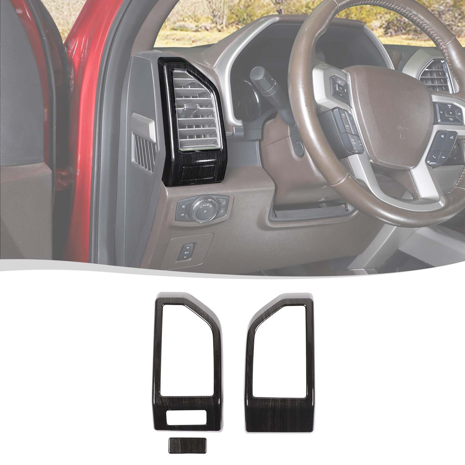 View 1 of Voodonala for Ford F-150 Center Console Dash Side Vent Panel Cover Compatible with Ford F150 2015-2020(Black Wood,3Pcs/Set,Outer Left AC Vent w/Spot Light Switch)