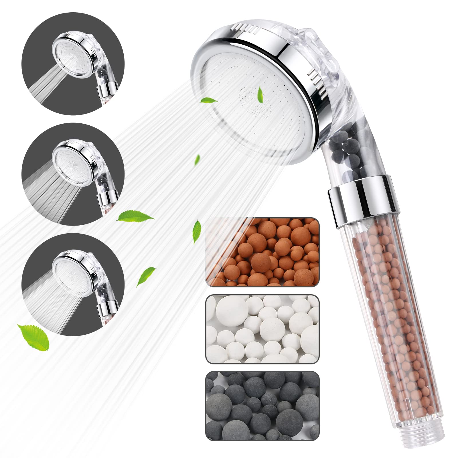 Vicloon Shower Head and Extra Replaceable Mineral Ball, Bathroom Adjustable Showerhead Handheld Showerheads High Pressure Water Saving Filtration with Additional Mineral Beads Removing Chlorine