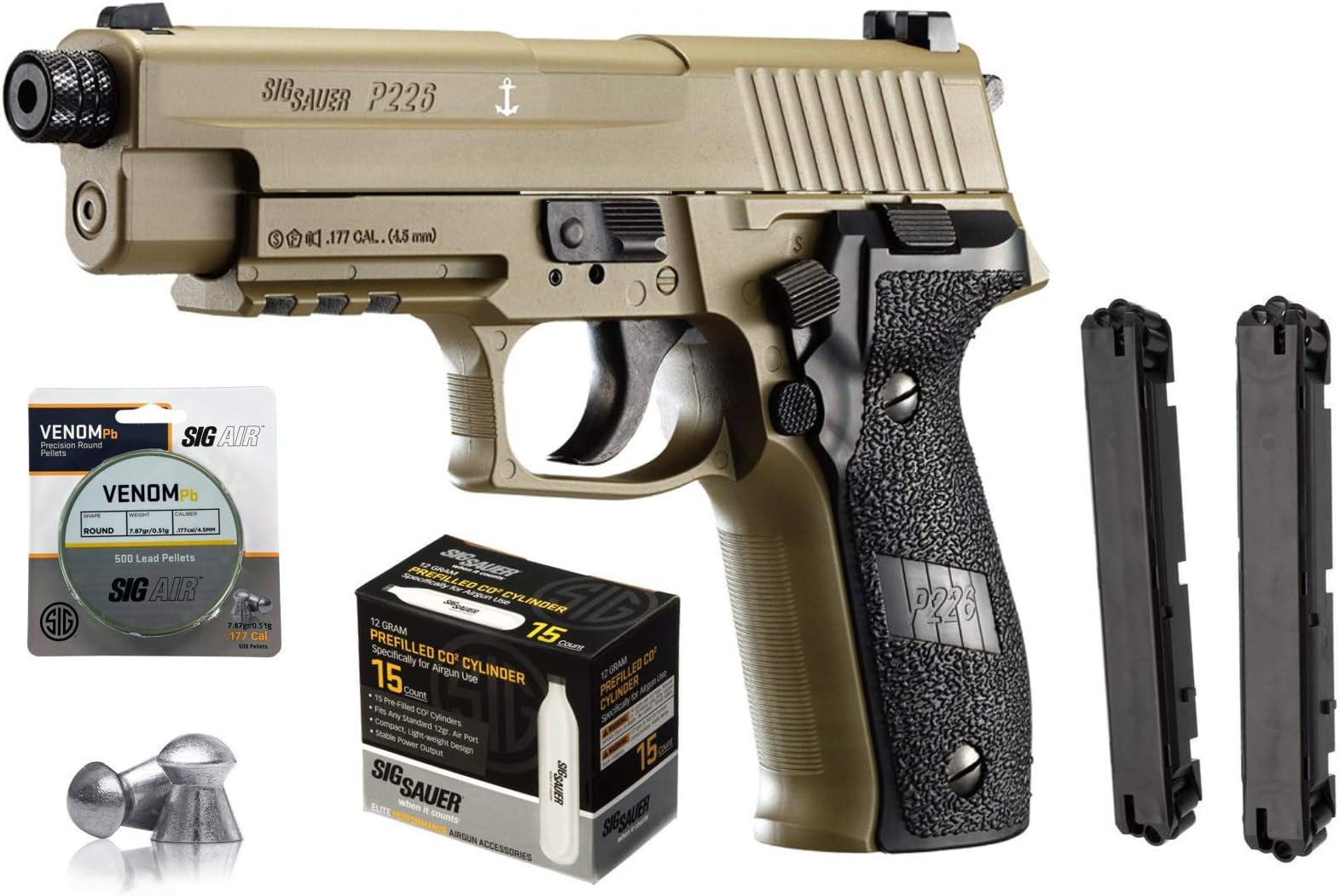 Sauer Sig P226 Airgun .177 Cal with 15x12 gr C02 Tanks and 500 Match Lead Pellets Bundle (FDE)