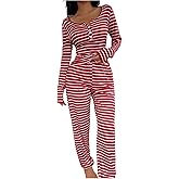 Verdusa Women's 2 Piece Striped Pajama Set Button Up Long Sleeve Fitted Tops and Pants Comfy Pjs
