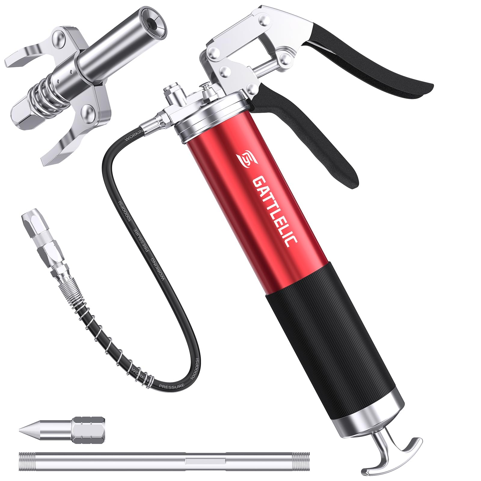 Photo 1 of GATTLELIC 8000 PSI Heavy Duty Grease Gun Kit - 14oz with Flex Hose, Sharp Nozzle, Extension Pipe & Coupler, Red