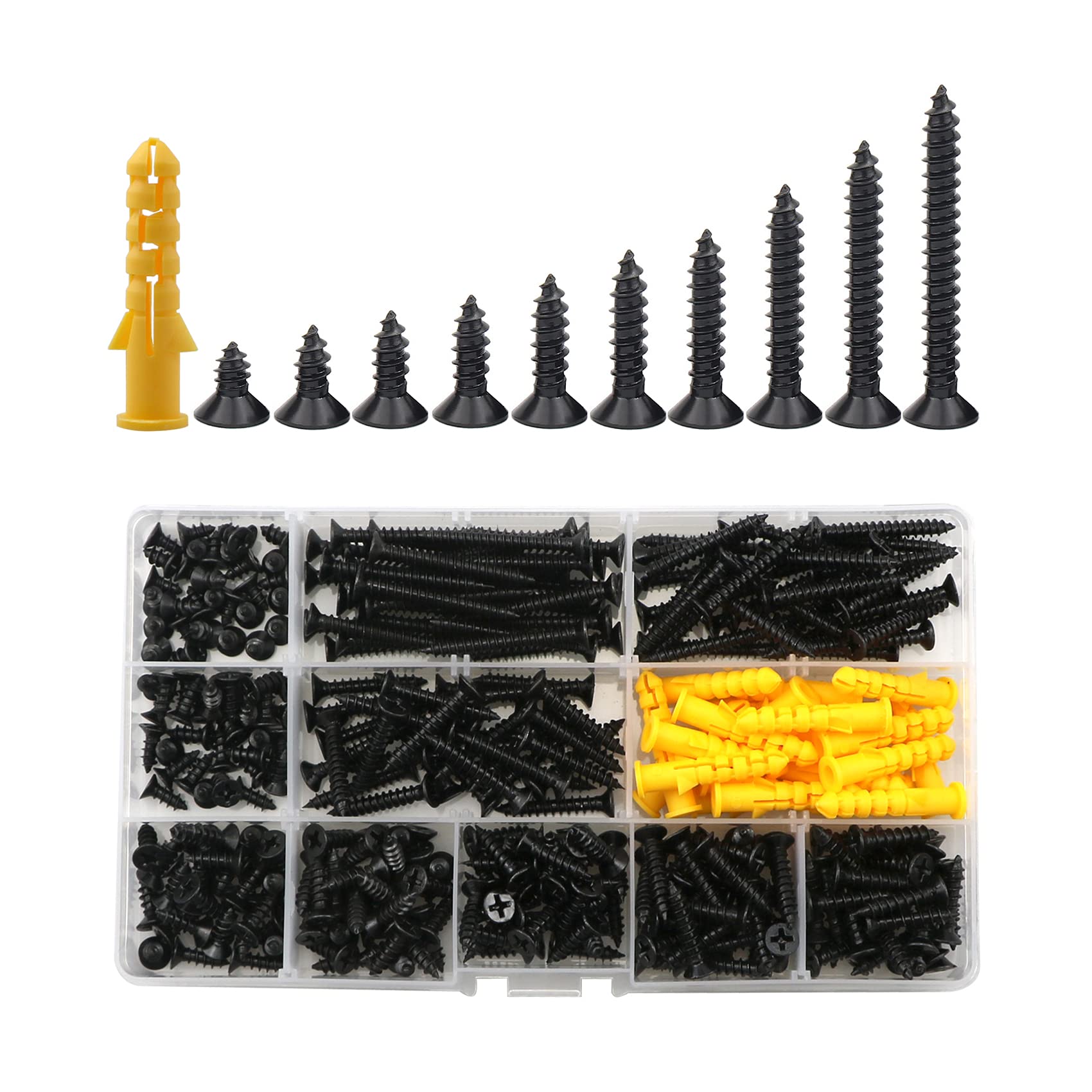 M4 Flat Head Self Tapping Countersunk Cross Wood Screws, Expansion Wall Plug Assortment Kit Carbon Steel Self Drilling Screws (8-35mm) (Black)