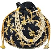 IGH Handmade Women's Velvet Embroidered Potli Purse | Indian Drawstring Bag Green Ethnic Handbag for Weddings & Parties 1 Pcs