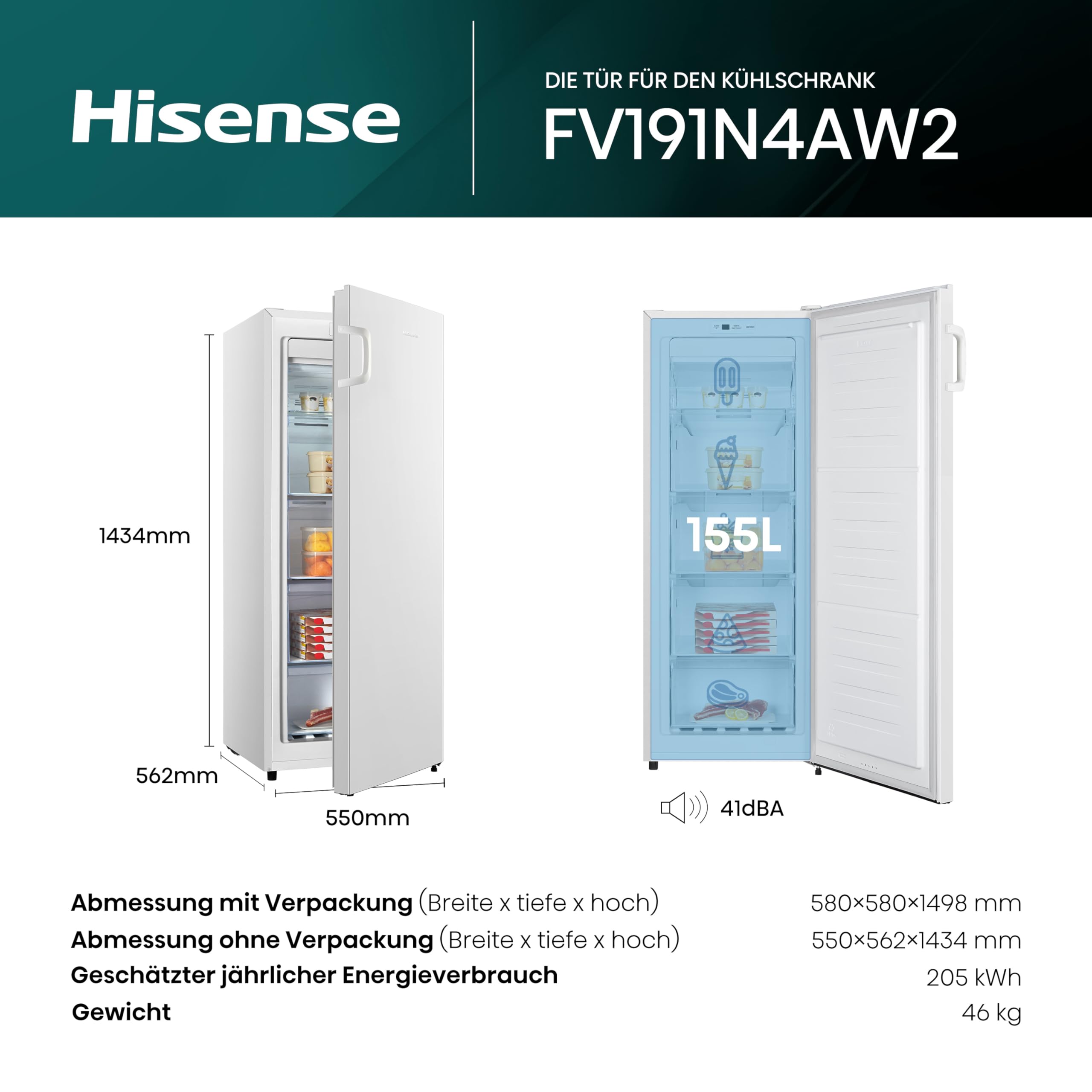 Hisense FV191N4AW2 Gefrierschrank/ TotalNoFrost/ SuperFreeze/ Türalarm/ Multiflow 360°/ BigBox/ 143,4 cm/ Gefrierteil 147 l/ 41 dB/ 205 kWh/Weiß 2