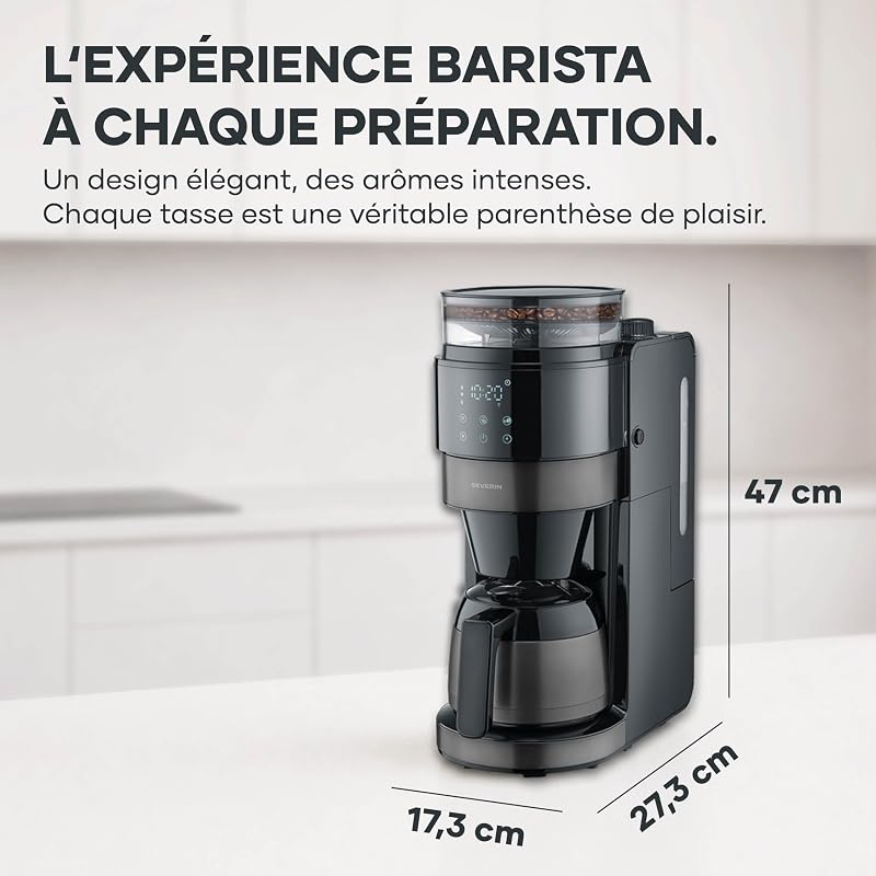 Machine à café filtre avec broyeur intégré et verseuse isotherme - S-Taste AromaOne- 1,25L jusqu'à 10 tasses - Affichage LED tactile - Stop goutte & arrêt automatique - Inox foncé, KA 4831 — photo 2 sur 8
