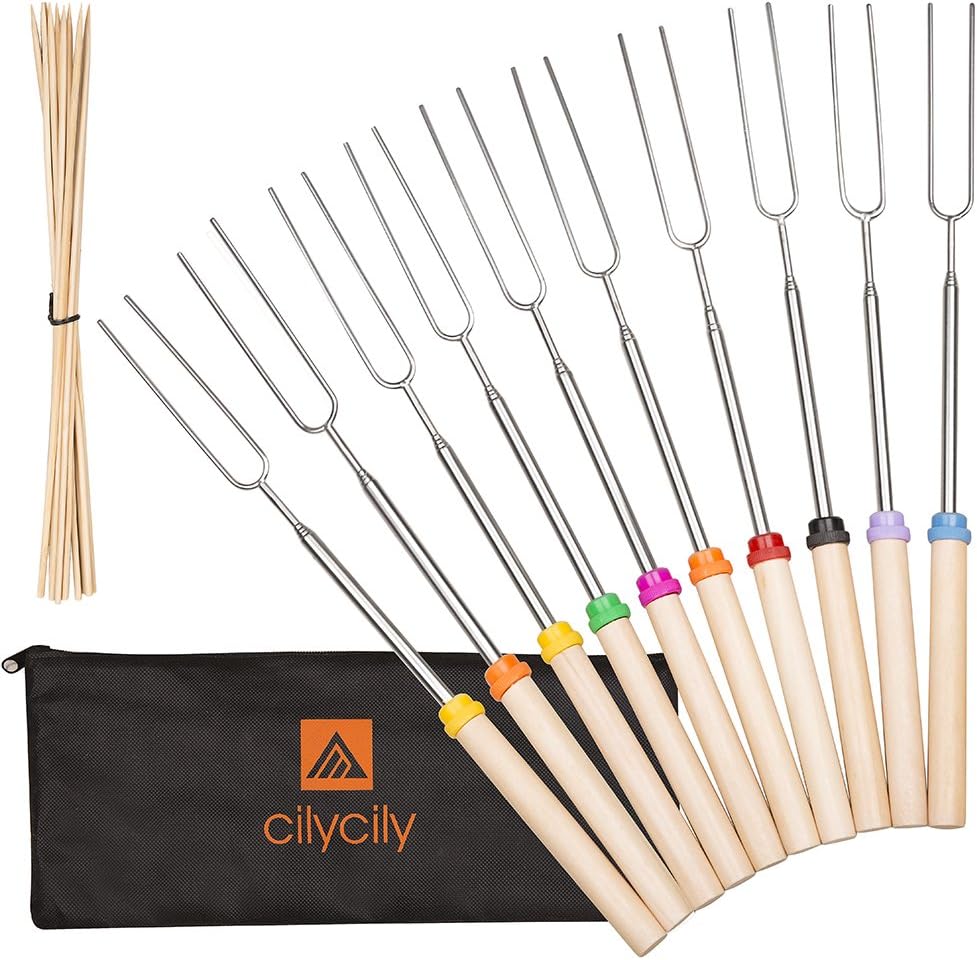 Marshmallow Roasting Sticks Telescoping BBQ Forks Grilling Camping Metal Skewer Extendable BBQ Tools Stainless Steel Hot Dog Fork With Carrying Bag,Set of 10