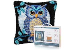 Msoesticc.dl Latch Hook Kits for DIY Throw Pillow Cover, Cute Owl Pattern Sofa Cushion Cover Latch Hook Craft Kits with Printed Canvas for Beginners Adults - 17 x 17 Inch