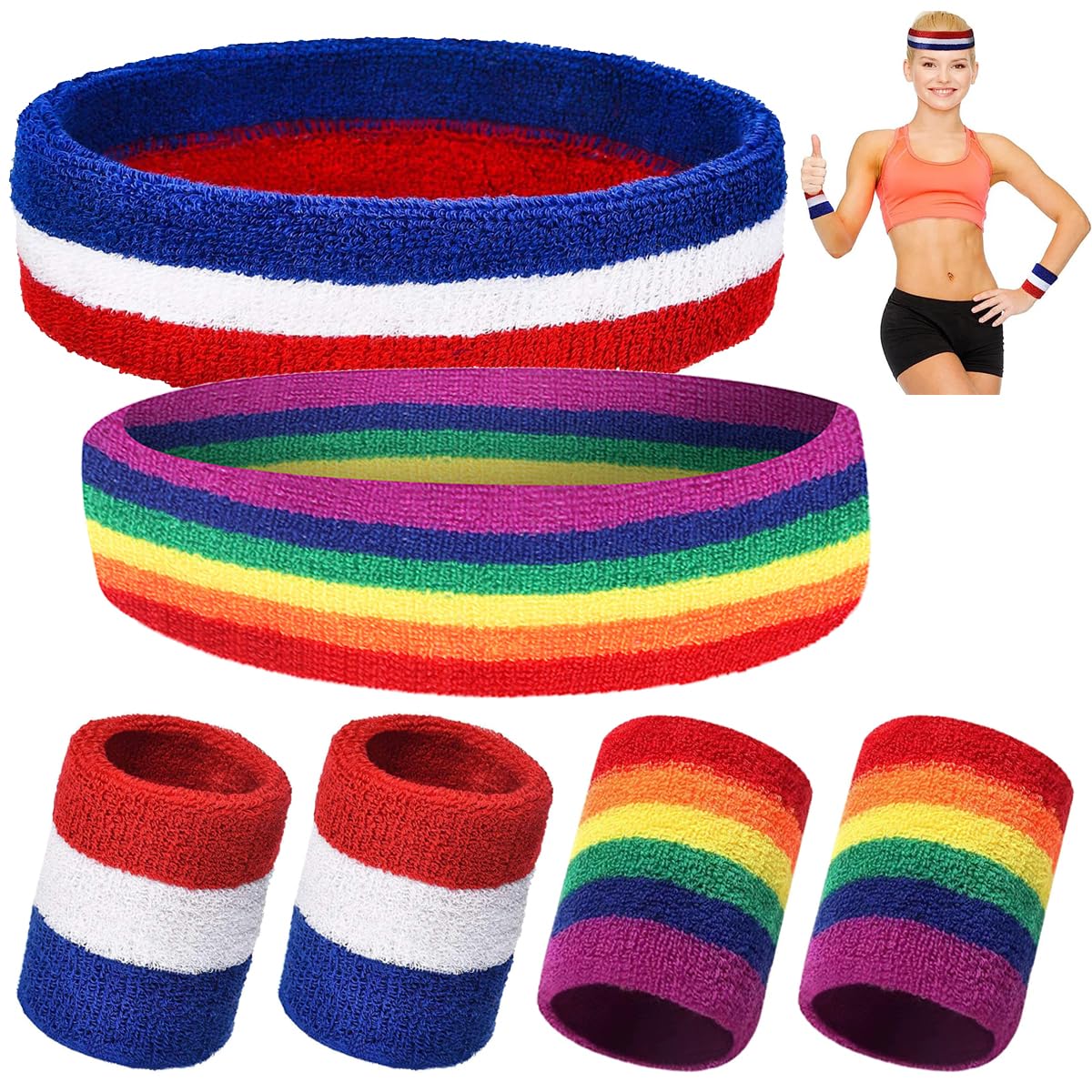 SamHeng 6 Pieces Sweatband Set, Colorful Striped 2 Pcs Sport Headbands and 4 Pcs Moisture Wicking Wristband for Men Women, Sweat Bands for Gym Tennis Football Running Athletic Exercise Fitness