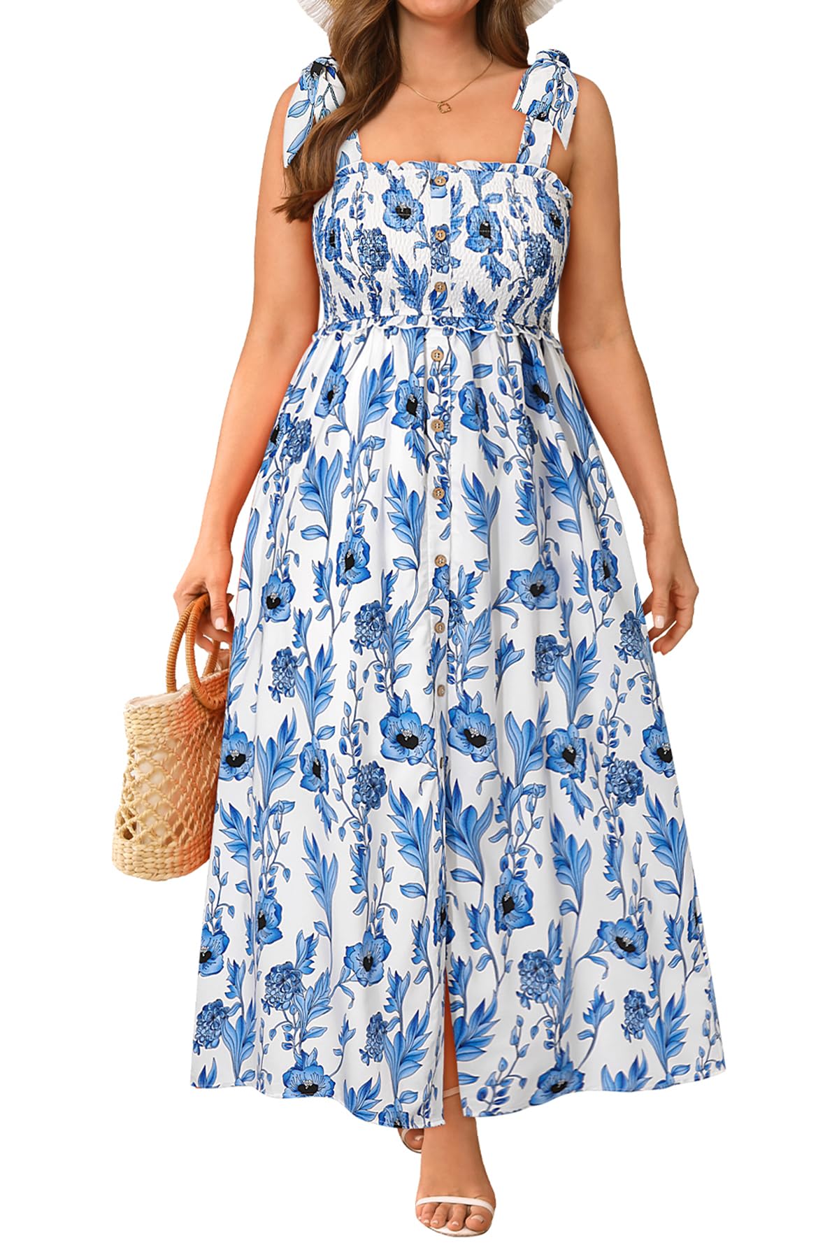 Photo 1 of Women's Plus Size Summer Dresses Maxi Floral Spagetti Strap Smocked Easter Casual Button Down Flowy Long Sundress