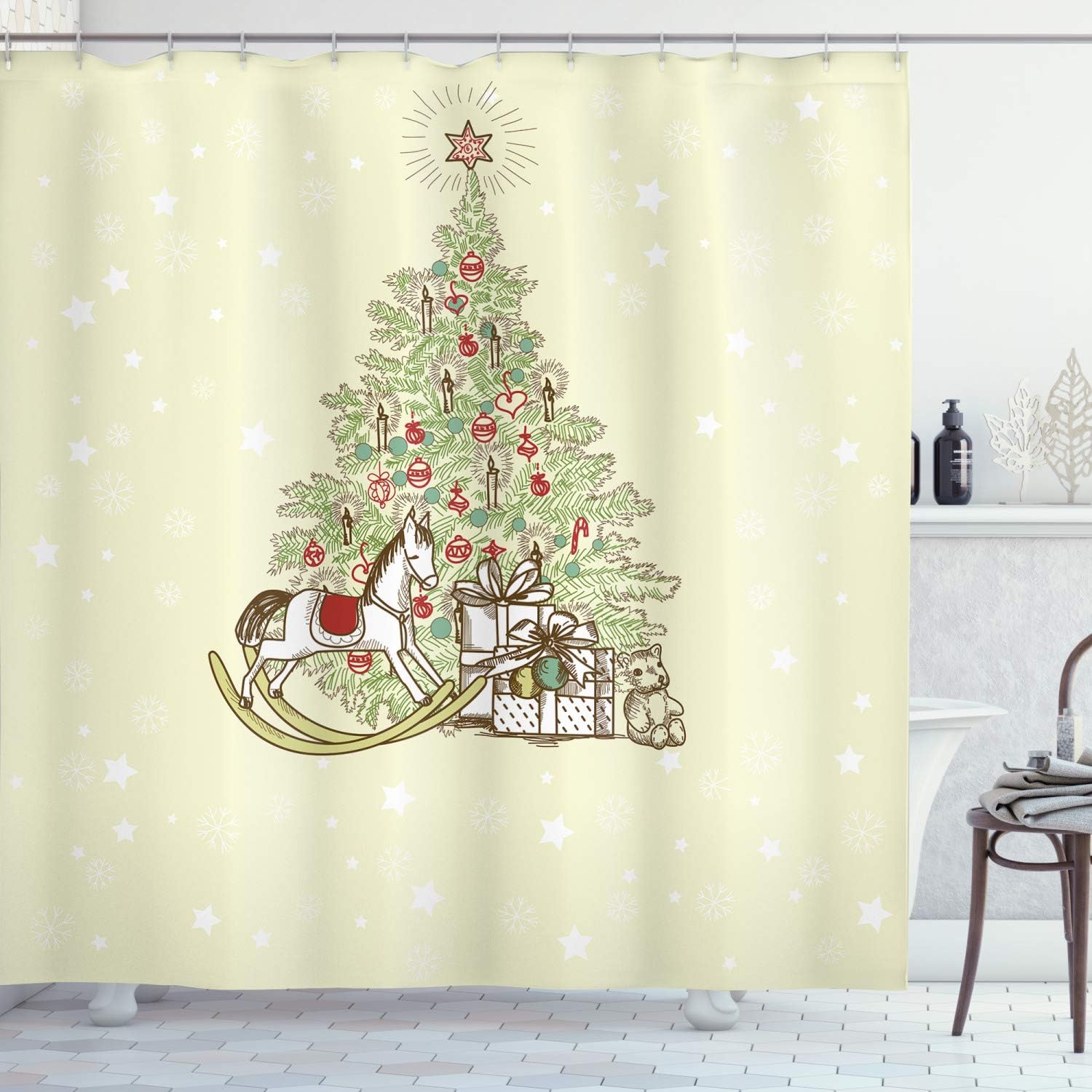 Ambesonne Christmas Shower Curtain, Vintage Themed Tree