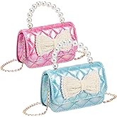 Acshio 2 Pack Girls Princess Purses, Sparkly Bow Handbags Crossbody Bags with Pearl Handle, Small Cute Crown Princess Shoulder Chain Bag for Gift, Birthday