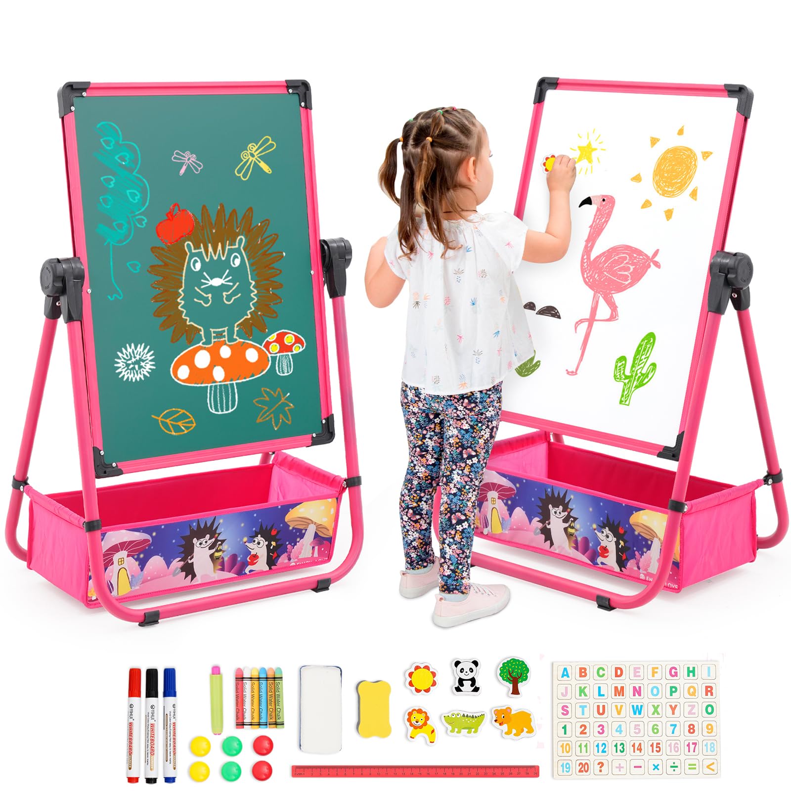 Nukdey Kids Iron Easel Double-Sided Whiteboard and Blackboard with Storage Bag Stickers 360°Rotatable Easels Foldable Drawing Board 29.5-43.7in(75-120cm) Adjustable Height Metal Easel for Boys Girls